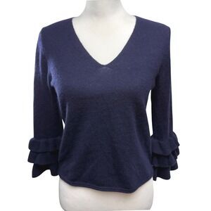 Margaret O'Leary Navy Blue 100% Cashmere Sweater XS V Neck Ruffle Sleeve Sweater